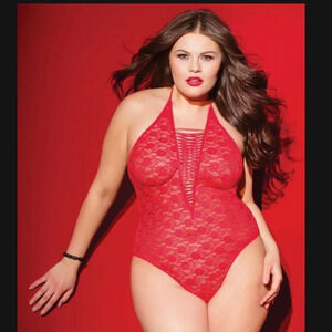New Plus Size Red lace halter bodysuit